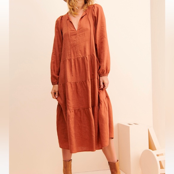 Little Lies Alicia Midi Dress 100% Linen Pockets L Tiered Skirt Anthropologie - Picture 6 of 16